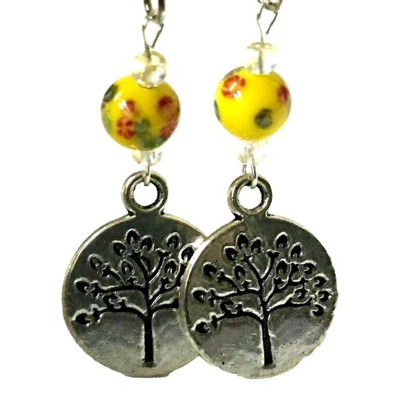 Vintage Tree of Life Murano Art Glass Bead Earrings Yellow Red Silver Plated - Picture 2 of 10
